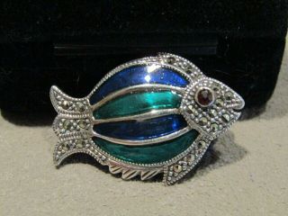 Vintage Sterling Silver Garnet Marcasite Green Blue Enamel Fish Brooch