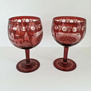 Set Of 2 Vintage Egermann Ruby Red Cut To Clear Balloon Wine Glasses 5 3/4 "