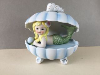 Vintage Mid Century Mermaid In A Sea Shell Bisque Pottery Figurine,  Kitsch,  Kawaii