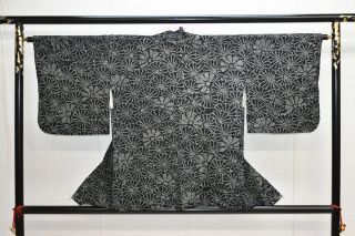Vintage Silk Kimono Jacket:fully Shibori Black Chrysanthemum@yl07