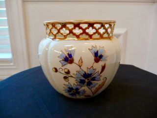 Vintage Zsolnay Blue Cornflower Pierced Rim Vase Pottery Signed