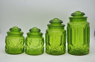 Vintage L.  E.  Smith Moon & Stars Green Glass Canisters Set Of 4 Apothecary Jars