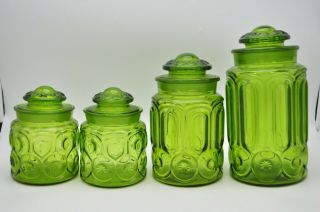 Vintage L.  E.  Smith Moon & Stars Green Glass Canisters Set of 4 Apothecary Jars 2
