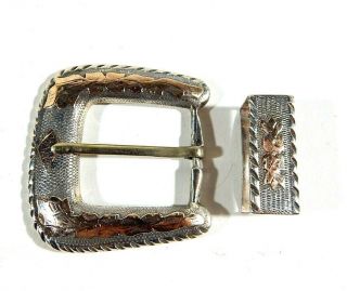 Vintage Sterling Silver & 14k Gold Two Piece Belt Buckle A.  Fonseca Taxco