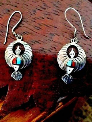 Vintage Zuni 925 Sterling Silver Turquoise Coral Peyote Bird Sunface Earrings 3g
