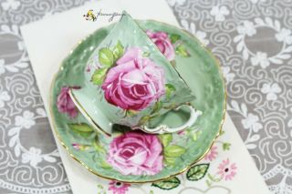 Vintage Aynsley Pink Rose Sage Green English Teacup Saucer As Found