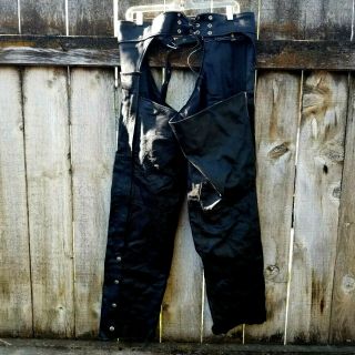 Vintage Highway Hawks Black Leather Motorcycle Chaps Full Length Pants Xl