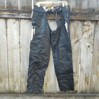 Vintage Highway Hawks Black Leather Motorcycle Chaps Full Length Pants XL 5