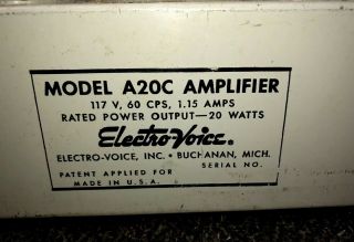 Electrovoice EV Circlotron Amplifier Amp A - 20 - C 6V6 Tube Amplifier Mono Block 4