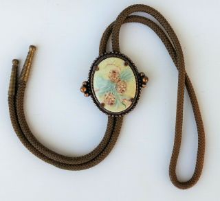 Vintage Bolo Tie,  Hand Painted Porcelain,  And Copper Color,  Signed,  Pine Cones