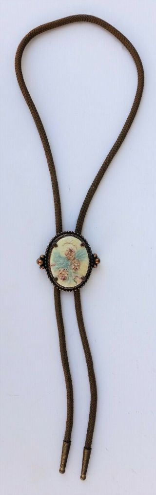 VINTAGE BOLO TIE,  HAND PAINTED PORCELAIN,  AND COPPER COLOR,  SIGNED,  PINE CONES 5