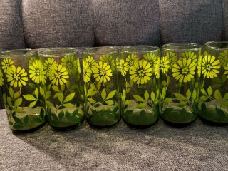 Vintage Libbey? Dark Green Glasses W/light Green Flowers Set Of 6 Tumblers