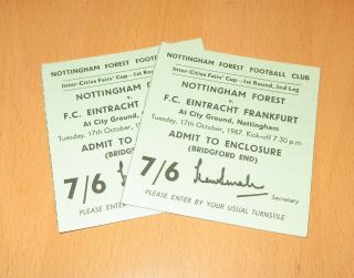 Vintage Football Ticket Stubx 2,  Nottm Forest V Eintracht Frankfurt 1967