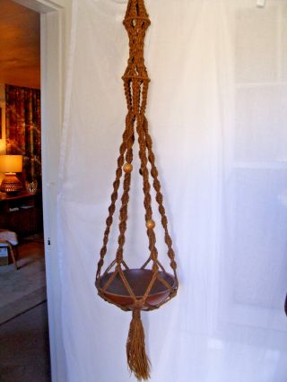 Vintage 1970s Dark Brown Natural Rope Macrame Hanger W Wood Beads 73 " Long