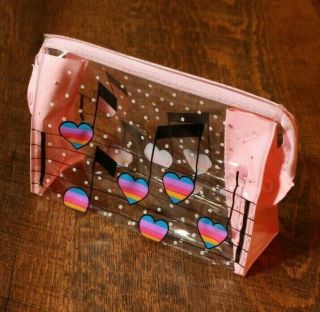 80s Vintage Clear Makeup Bag Travel Musical Hearts Pink Zipper White Polka Dot