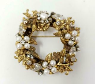 Vintage By Robert Gold Pearl Rhinestone Floral Wreath Pendant Brooch