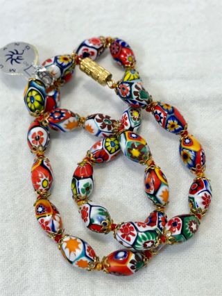 Vintage Nwt Murano Glass Beads Millefiori Floral Italy Bright Vibrant Necklace