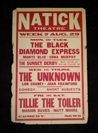 Vintage Natick Theater 1927 Window Card (14x22) Lon Chaney Joan Crawford