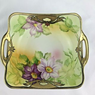 Vintage Nippon Porcelain Square Bowl Hand Painted Gold Trim Purple Floral