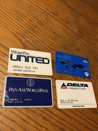 4 Vintage 1980s Airlines Credit Cards Frequent Flyer United,  Pan Am,  Delta Klm
