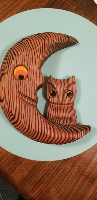 Vintage Retro Wooden Carved Owl Crescent Moon Wall Art