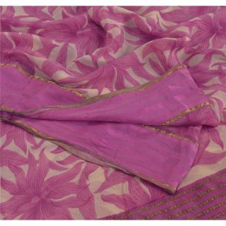 Sanskriti Vintage Cream Saree Pure Chiffon Silk Printed Sari Craft Soft Fabric