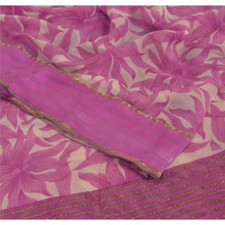 Sanskriti Vintage Cream Saree Pure Chiffon Silk Printed Sari Craft Soft Fabric 2