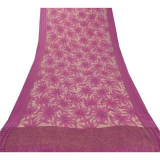 Sanskriti Vintage Cream Saree Pure Chiffon Silk Printed Sari Craft Soft Fabric 3