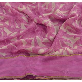 Sanskriti Vintage Cream Saree Pure Chiffon Silk Printed Sari Craft Soft Fabric 5
