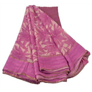 Sanskriti Vintage Cream Saree Pure Chiffon Silk Printed Sari Craft Soft Fabric 7
