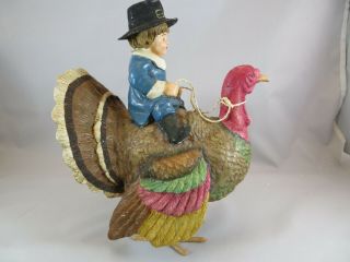 Vintage Thanksgiving Figurine - Pilgrim Boy Riding A Turkey 9 " Tall By 5 " Wide