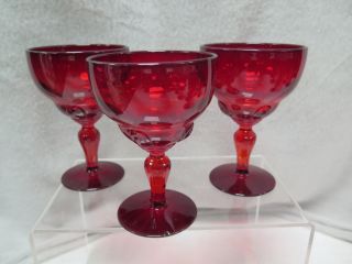 3 Vintage Martinsville Ruby Red Moondrops Wine Goblets Stems Glasses