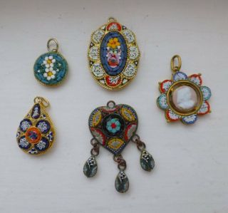 5 Vintage Collectible Micro Mosaic Micromosaic Necklace Pendants - Jewellery