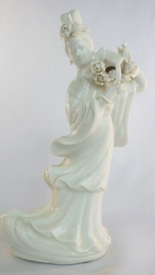 Vintage White Ceramic Figurine Oriental Woman W/ Flower Basket 8 ½ Inches Tall