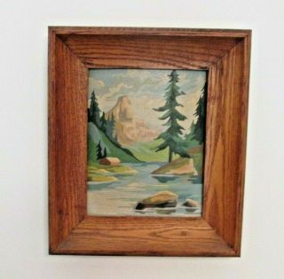 Vtg Paint By Number Pbn Picture Cabin By Stream In Mountains Framed Mcm Western