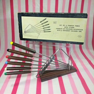 Vintage Mid Century Fondue Fork Set With Wooden Stand • Box