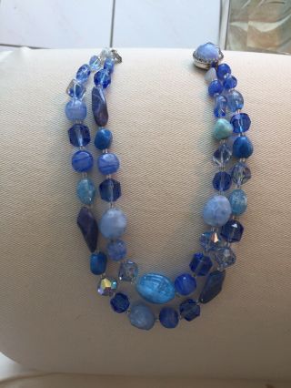 Vintage Hattie Carnegie Gorgeous Rich Shades Of Blue Art Glass Choker Necklace
