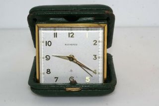 Vintage Bucherer Swiss 8 Day Travel Alarm Clock Clam Shell Case