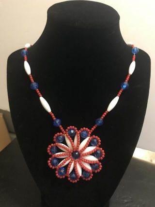 Vintage Hand Beaded Americana Necklace Red White And Blue