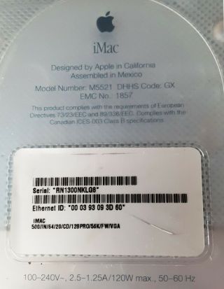 2001 Apple iMac G3 M5521 500mhz 128mb RAM Indigo PRAM 5