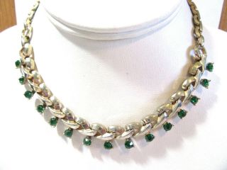 Great Looking Vintage Choker Necklace Green Rhinestones Gold Tone Signed Barclay