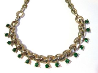 GREAT LOOKING VINTAGE CHOKER NECKLACE GREEN RHINESTONES GOLD TONE SIGNED BARCLAY 6
