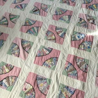 Vintage Handmade Scrap Fabric Pink Cotton Quilt Fan Design 72 " X 86 " Patchwork