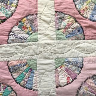 Vintage Handmade Scrap Fabric Pink Cotton Quilt Fan Design 72 
