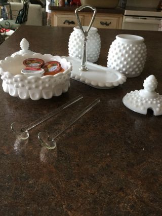Vintage Hobnail White Milk Glass Two Sugar Bowls Set With Lids And Tray,  Bowl
