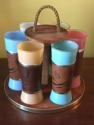 Vintage Siesta Ware Tropical Drink Set Holder Carrier Frosted Glasses Wood Wrap