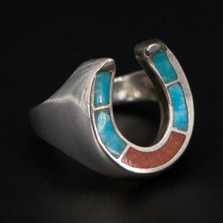 Vtg Sterling Silver - Navajo Turquoise Coral Horseshoe Ring Size 8.  75 - 13g