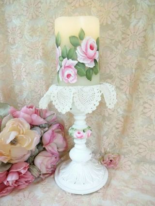 Bydas Bo Candle / Stand W Pink Roses Hp Hand Painted Chic Shabby Vintage Cottage
