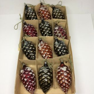 Mercury Glass Christmas Tree Ornaments Set 12 Glitter Pine Cones Vtg