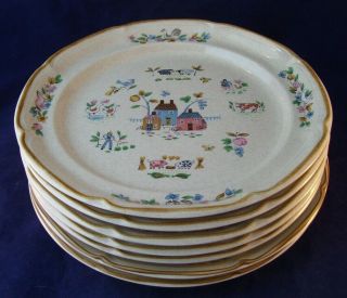 Vintage International Stoneware Heartland Set Of 7 Dinner Plates Farm Scene